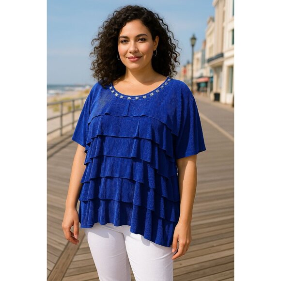 Alfred Dunner 3X Royal Blue Ruffle Blouse Glam Boldwear Textured Shine Top - Picture 1 of 12